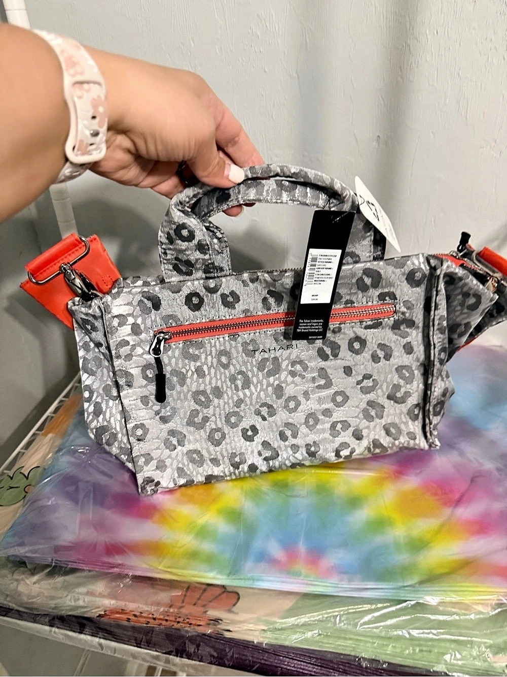 Tahari Bree Satchel Animal Print Nylon Gray & Orange